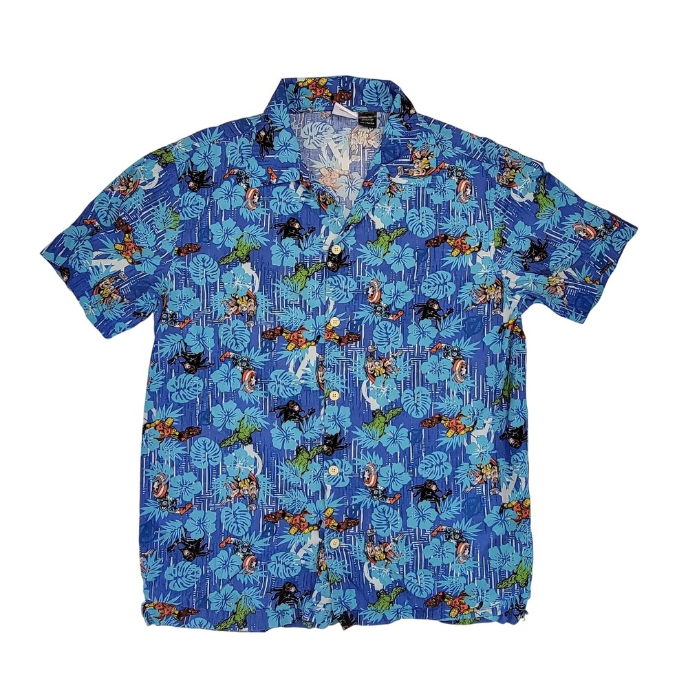 Marvel Avengers Hawaiian Shirt Men's Medium Blue Short Sleeve Button Up